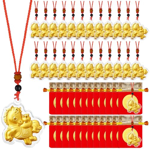 24 Set Chinese New Year Necklace Jewelry 2025 Year of Snake Hanging Pendant with Red Ropes Chinese Zodiac Snake Necklace Charm Red Envelopes with Drawstring Bag for Spring Festival Blessing Gift, one,