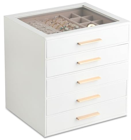 Frebeauty Clear Lid Jewellery Box,5-Layer Jewellery Organiser with Drawer,PU Leather Jewellery Organisers and Storage,Jewellery Box for Women,Jewellery Storage for Rings Earring,Gift for Women(White)