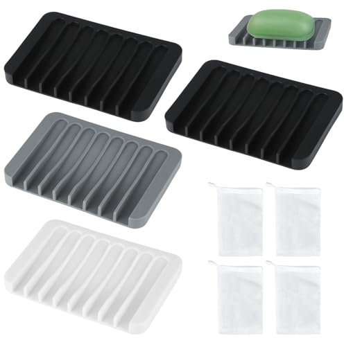4 Stück TPR-Gummi Seifenablage mit Ablauf - Rutschfeste Seifenschale für Dusche, Badezimmer, Küche, Waschbecken (Schwarz, Grau, Weiß)