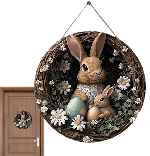 Couronne de lapin de porte, panneau de Pâques en bois, panneau de lapin de Pâques, design résistant aux intempéries, thème printanier, 23 x 23 cm, pour porte d'entrée, fenêtre, mur, voisins