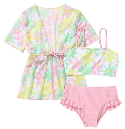 Queue de Sirene Enfant Fille Robe Maillot 3 pièces pour, Protection Solaire, Manches Longues, pour Enfants de 4 à 7 Ans 2 Pièces