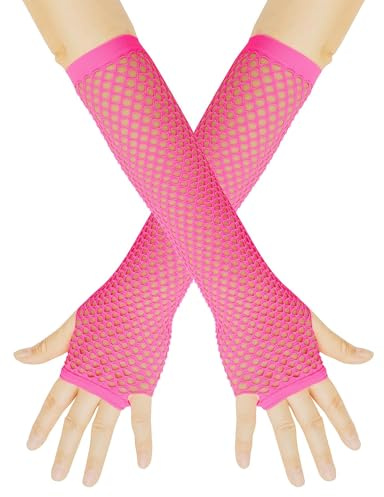 1 par de guantes de red, guantes largos retro rosa neón mangas de malla para niños, niñas, mujeres, hombres, fiesta temática, cosplay, moda, elásticos, sin dedos, inspirados en los años 80, cómodos