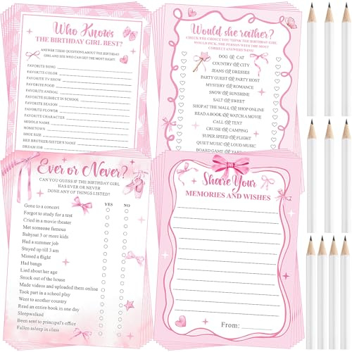 Pasimy 60 Pcs Who Knows the Birthday Girl Best Cards Would She Rather Games for Girl Woman 60 Pcs Girly Double Sided Cards and 10 Pencils for Teens Sweet Birthday Sleepover Party Supplies(Pink)