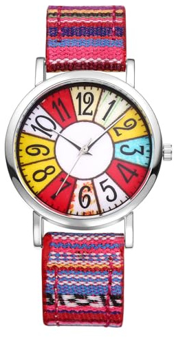 JewelryWe Damenuhr Boho Uhr mit Lederarmband Vintage Hippie Stil Analog Quarz Armbanduhr Damen Bunt Echtleder Stoff Armband Böhmische Uhr mit Großen Zahlen - Geschenk für Frauen Senioren