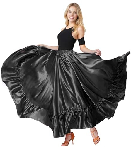 Baisdan Dance Skirt for Women, Flamenco & Belly Dance Skirt, Long Satin Spanish Folk Costume, Halloween Costume, Black