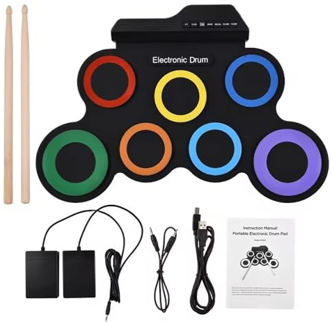 NEWFUN E-Drum Pad, Elektronisches Schlagzeug, 7 Silikon-Pads, USB MIDI, Inkl. Pedal & Mallets