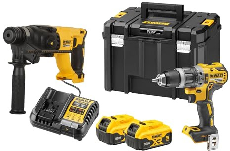 DeWalt DCK2071P2T 18v XR Cordless Brushless Combi Drill & SDS Plus Hammer Drill Twin Pack with 2 x 5Ah Batteries, Charger & TSTAK Case