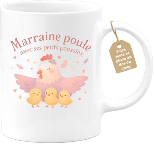 quotedazur Café-Croissant - Mug Personnalisable Texte Photo Tasse Cadeau Noël Marraine Poule Avec Ses Petits Poussins - Blanc/Céramique