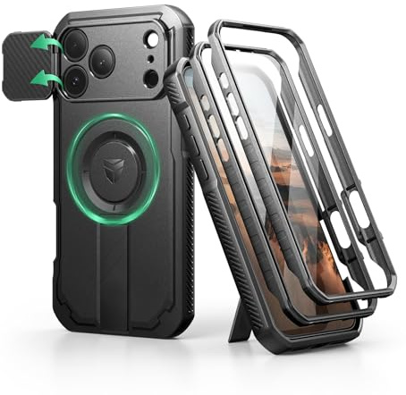 Dexnor per Magnetica Cover iPhone 17 Pro Max con Fotocamera Copertura Scorrevole & Supporto Pieghevole & Protezione Schermo Integrata, Resistente Robuste Protezione Custodie - Nero