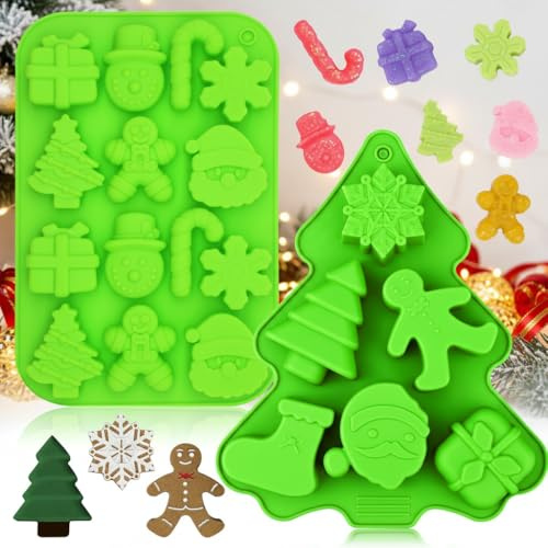 Christmas Silicone Molds, 2PCS Christmas Tree Snowman Santa Snow Shapes Cake Moulds Soap Candy Chocolate Muffin Jelly Trays Baking Molds for Xmas New Year Cake Decoration