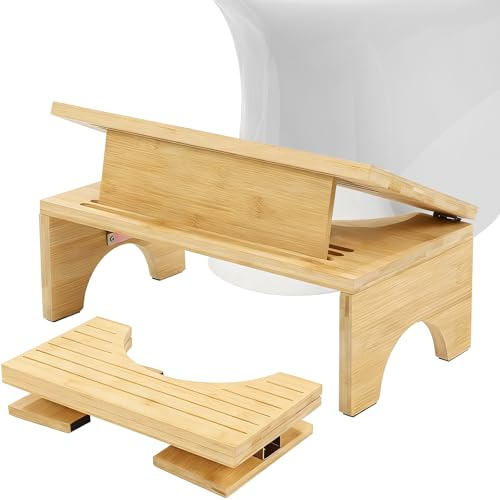 Toilettenhocker Klappbar aus Bambus, Ergonomischer Klohocker für Badezimmer mit 4 Gänge Neigungsverstellung, Faltbarer WC-Hocker für Erwachsene