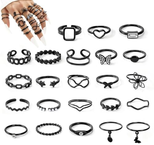 UIEXAY 23 Stück Ringe aus Edelstahl, verstellbar, für Damen, Schwarz