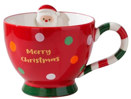 Bibykivn Taza de Navidad 500ml de Cerámica con Diseño en Relieve Pintado a Mano, Taza de Invierno con Motivos Navideños y Asa, Rojo/Verde, Regalo Festivo (Rojo)