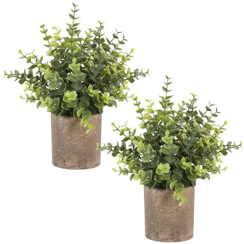 Hobyhoon Artificial Plants Indoor in Pots Eucalyptus Plants Topiaries Small Faux Plants for Home,Office,Desk,Bedroom,Living Room,House Decorations(green,2pcs)