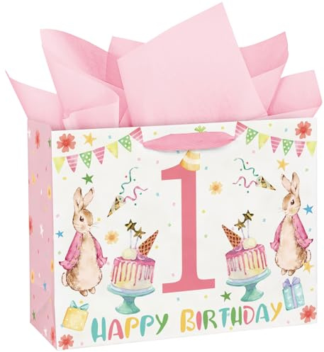 Loveinside Buste Regalo per Baby Shower Primavera, 33 cm, con Carta Crepata - Buste di Carta con Coniglio ad Acquerello Rosa per Feste di Compleanno di 1 Anno e Baby Shower