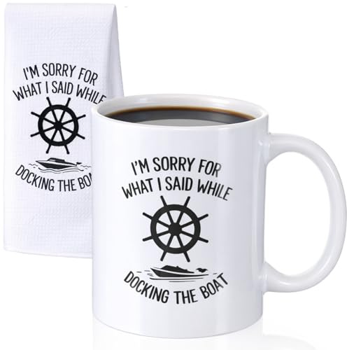 Peryiter 2 Pcs Boat Gifts Captain Nautical Birthday Gifts Boating Anchor Accessories with 14 oz Coffee Mug and Dish Hand Towel for Men Sailor New Boat Owners Boater Husband Dad