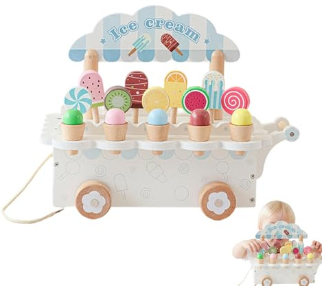 Ice Cream Playset - Wooden Pretend Game, Kitchen Food Counter, Simulation Scoop Set with Magnetic Toppings, Learning Tool for Grocery Games, Toy Supplies, Interactive Dessert Shop for Birthday Parties