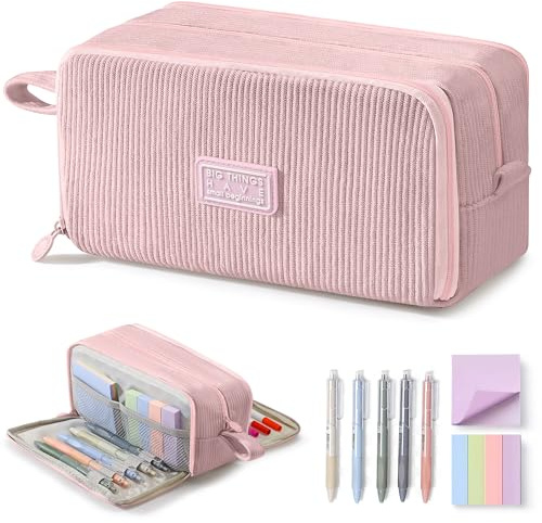 COZCLAM Federmäppchen Cord-Stoff 3 Fächer, Große Kapazität Mäppchen mit Stiften & Haftnotizen, Pencil Cases Schulmäppchen mit Reißverschluss,Schreibwarenbeutel für Schule Büro Teenager Mädchen (Rosa)