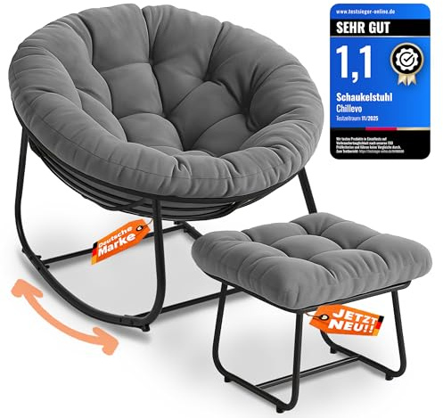 Chillevo Chillzeit Schaukelstuhl mit Fußablage [Testsieger] Schaukelsessel Ergonomisch Rocking Chair für Wohnzimmer Garten Balkon & Terrasse XXL Lesessel Outdoor belastbar bis 180kg (Anthrazit)