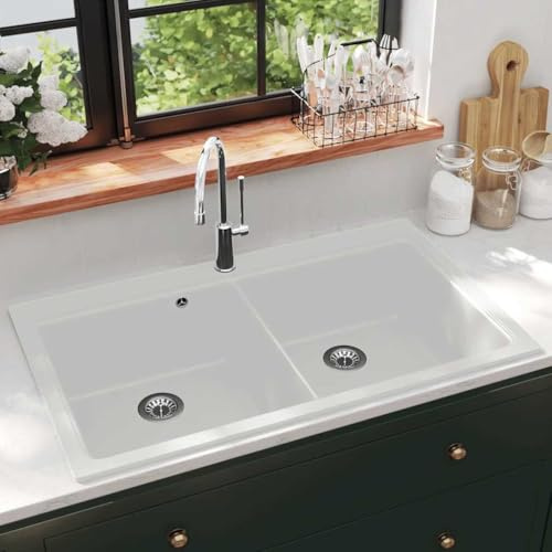 Runheo Fregadero doble de granito blanco de resina de cuarzo, 860 x 510 mm, con escurridor y lavabo, empotrable con sifón y orificio para grifo, para cocina, lavadero, exterior y autocaravana