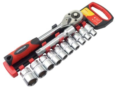 Amtech I0371 Socket Set, 12pc Chrome Vanadium Steel Metric Wrench Kit, 45 Tooth Ratchet Set with Quick Release