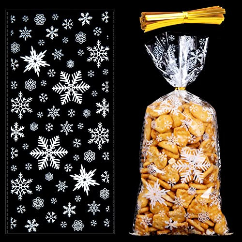 MELLIEX 50 Stück Weihnachten Plätzchentüten, Schneeflocke Cellophantüten Klar Süßigkeiten Tüten Zum Befüllen für Bonbon Plätzchen, mit 100er Twist Krawatten