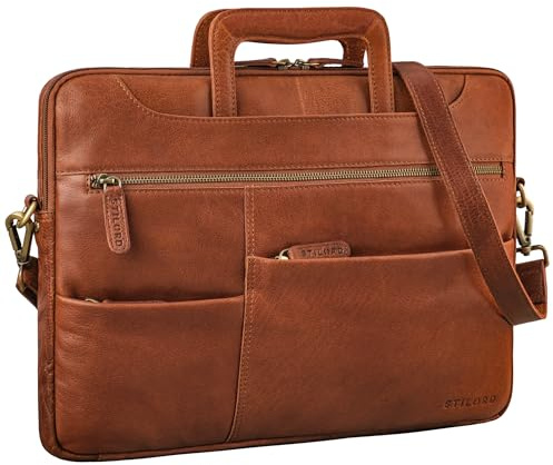 STILORD Farleigh 15,6 tums laptopväska läder med handtag axelväska män för arbete resor affärsväska smalt laptopfodral av äkta läder kontorsväska med axelrem och handledsrem, Maraska – brun, Medium