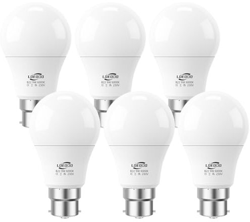 LOEODO B22 Bayonet LED Bulbs 60W Equivalent, 9W Light Bulb, 806 Lumens, 6000K Cool White, Energy Saver Bulb, Non-Dimmable, Pack of 6
