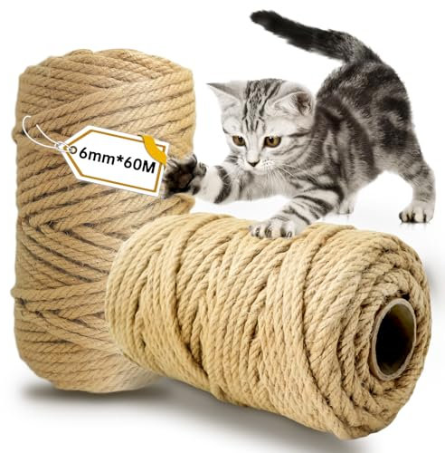 Sisalseil für Kratzbaum 6mm X 60m, 2 Stück Natur Sisal Seil für Katzen, Kratzbaum Schnur, Sisal Rope, Strick für Katzenbaum, Kratzbaumdekoration, Kratzseil, Haushalt, Garten, DIY