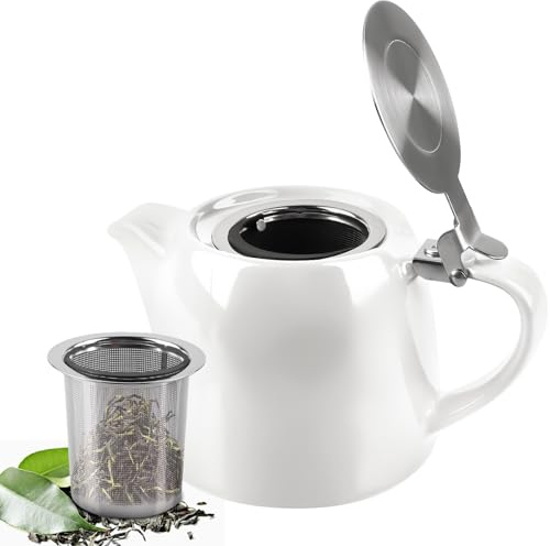 Tekanna med sil, 500 ml tekanna keramik, teapot-keramisk med avtagbar tesil av rostfritt stål, keramisk tekanna för hem och BüRo perfekt för löst te, halvglas vit