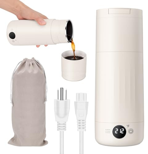 Portable Electric Kettle for Travel, 316 Stainless Steel Kettle, Hot Water Boiler with 2-In-1 Lid & Cup, 500ML Travel Tea Kettle with 8 Temperature Control, Auto Shut-Off & Boil Dry Protection (White)