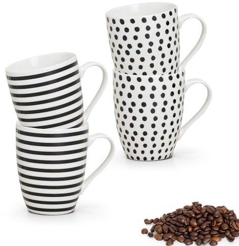 Tassen 4er Set Streifen & Punkte in schwarz weiß - Schöne Porzellan Kaffeetassen in 300ml für Tee Kaffee Cappuccino - Süße Kaffeebecher spülmaschinenfest und mikrowellengeeignet als Geschenk