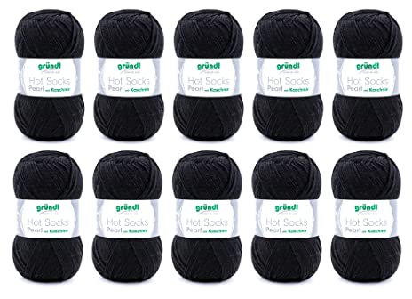 Gründl Hot Socks Pearl uni Strickwolle (kuschelig weiche Sockenwolle aus 75 % Merinowolle, 20 % Polyamid, 5 % Kaschmir, 50 g / 200 m, Nadelstärke: 2,5 - 3, 10 x 50 g), schwarz, 40 x 37 x 11 cm