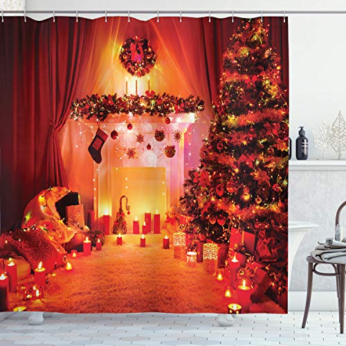 ABAKUHAUS Weihnachten Duschvorhang, Noel New Years Theme, Stoffliches Gewebe Badezimmerdekorationsset mit Haken, 175 x 220 cm, Orange
