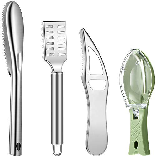 Honoson 4 Pieces Stainless Steel Fish Scale Remover Cleaner Kitchen Scaler Fish Skin Graters Cleaning Peeler Scaler Scraper with Bottle Opener for Kitchen Cleaning Tools