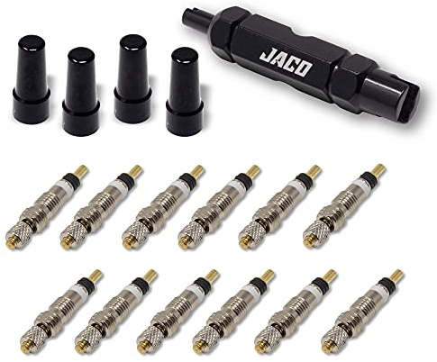 JACO Presta Valve Core Repair Kit for Bike Tires | with (12X) Replacement Valve Cores, (4X) Valve Caps, and Valve Removal Tool
