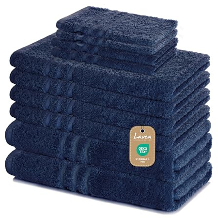 Lavea® 10-teiliges Handtuch Set Elena, Navy | 100% Baumwolle - 4x Handtuch, 2x Duschtuch, 2x Gästetuch, 2x Waschhandschuh, Frottee Handtücher Set weich, Bad & Gäste