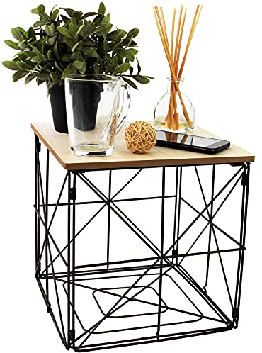Beistelltisch 29x29xH29cm, schwarzer Metallkorb mit abnehmbarer Holzplatte, Couchtisch Beistelltisch Sofatisch Kaffeetisch Dekotisch Aufbewahrungskorb Nachttisch