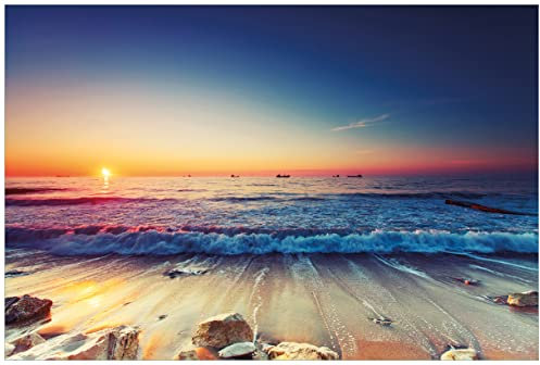 Wallario Wandbild aus Acryl, 60 x 90 cm, freischwebende Optik - Sonnenuntergang am Meer mit Wellen am Strand