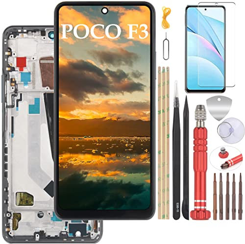 YHX-OU 6,67'' LCD para Xiaomi Poco F3 M2012K11AG Digitalizador Pantalla Táctil de Reemplazo con Herramienta de Instalación + 1 Pieza Poco F3 de Cristal Templado (Negro + Marco)