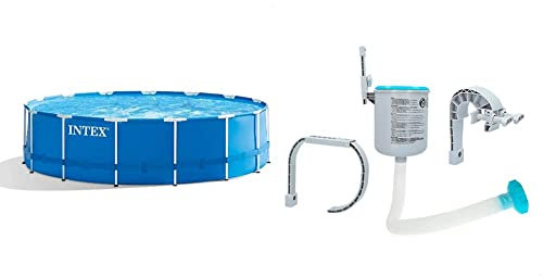 Intex Metal Frame Pool Set - Aufstellpool - Ø 457 x 122 cm - Zubehör enthalten & Oberflächenskimmer - Deluxe Oberflächenskimmer zur Wandmontage - Hängeskimmer, Grau