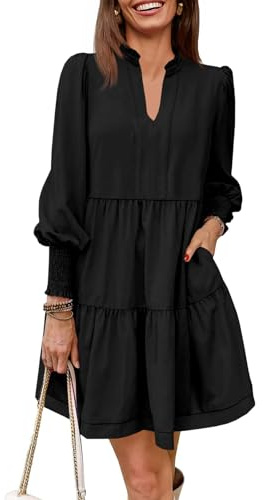 Imily Bela Womens Fall Long Sleeve Tunic Dress Casual V Neck Loose Ruffle Tiered Dress A-Black