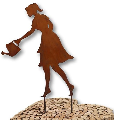 Rostikal Gärtnerin Gartenstecker 40 cm - Handmade Rost Figur Garten Deko, Metall Gartenfiguren & Gartenstatuen - hübsche Gartendekoration Geschenk für Draussen