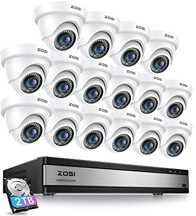 ZOSI 1080p Kit Cámaras de Vigilancia 16CH 2MP H.265+ Grabador DVR CCTV Kit de Videovigilancia y 2TB HDD con 16pcs Cámara de Seguridad Exterior, Visión Nocturna, Detección de Movimiento