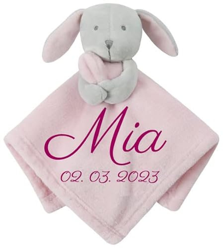 Wuff-Dogsworld Baby Kuscheltuch VIELE Modelle mit Namen Bestickt Geschenk Taufe Geburt Schmusetuch Schnuffeltuch Trösterchen Junge Mädchen (Hase rosa)