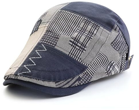 Schiebermütze Herren Baskenmütze Herren Retro Zeitungsjunge Mütze Patchwork Plaid Herringbone Flache Schirmmütze Damen Fahren Cabbie Gatsby Hut Casquette,Dunkelblau,56-60Cm