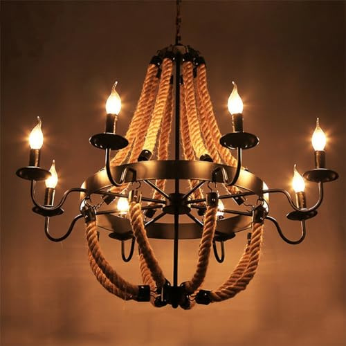 CNMKLM Vintage Industrie Hanf Seil Kronleuchter Vintage kreative Stil Licht E14 Restaurant Beleuchtung schmiedeeisernen Kronleuchter Wohnzimmer Dachboden Schlafzimmer Café é (Größe : 8heads)