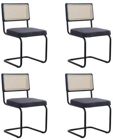 GrandCA HOME Modernes 4er-Set Esszimmerstühlen mit Rückenlehne aus Natürlichem Rohrgeflecht und Gestell aus Metallstahl, Gepolsterte Rattan-Küchenstühle,Schwarz