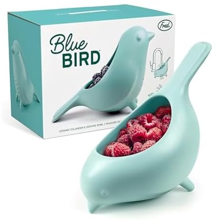 Genuine Fred BLUE BIRD Ceramic Colander, Charming, Unique Design, Berry Colander, Fun Kitchen Gadget