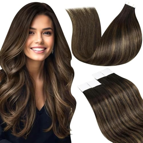 LaaVoo Tape in Extension Echthaar Braun Balayage Echthaar Extensions Tape in Hair Extensions Dunkelbraun Ombre Hellbraun Tape Haarverlängerung Echthaar Haare Extensions 30g 20pcs #2/8/2 30cm